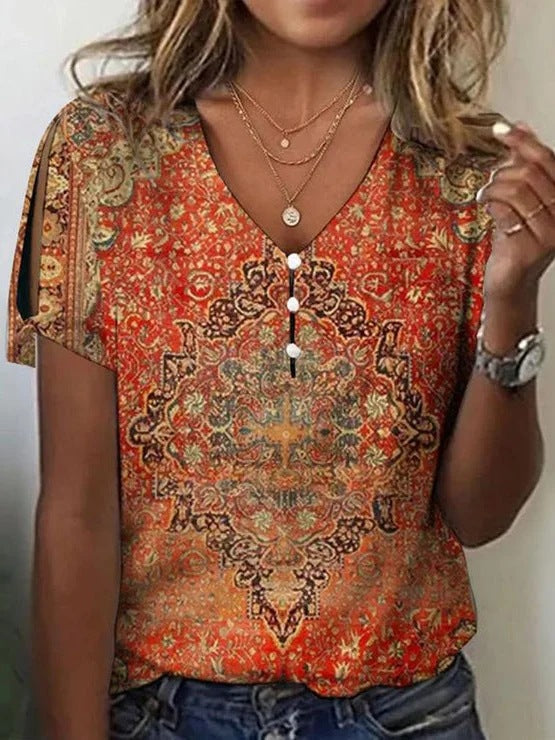 Fashion Women Print Vintage Hole Loose Casual Short Sleeve Tops
