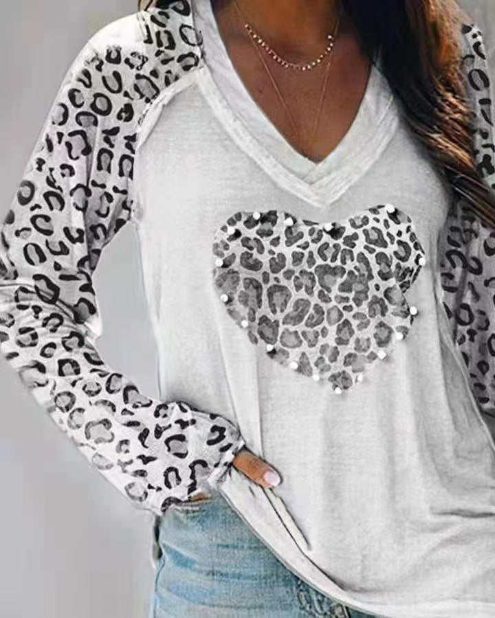 Plaid Heart Print V Neck T-Shirt, Casual Long Sleeve Top