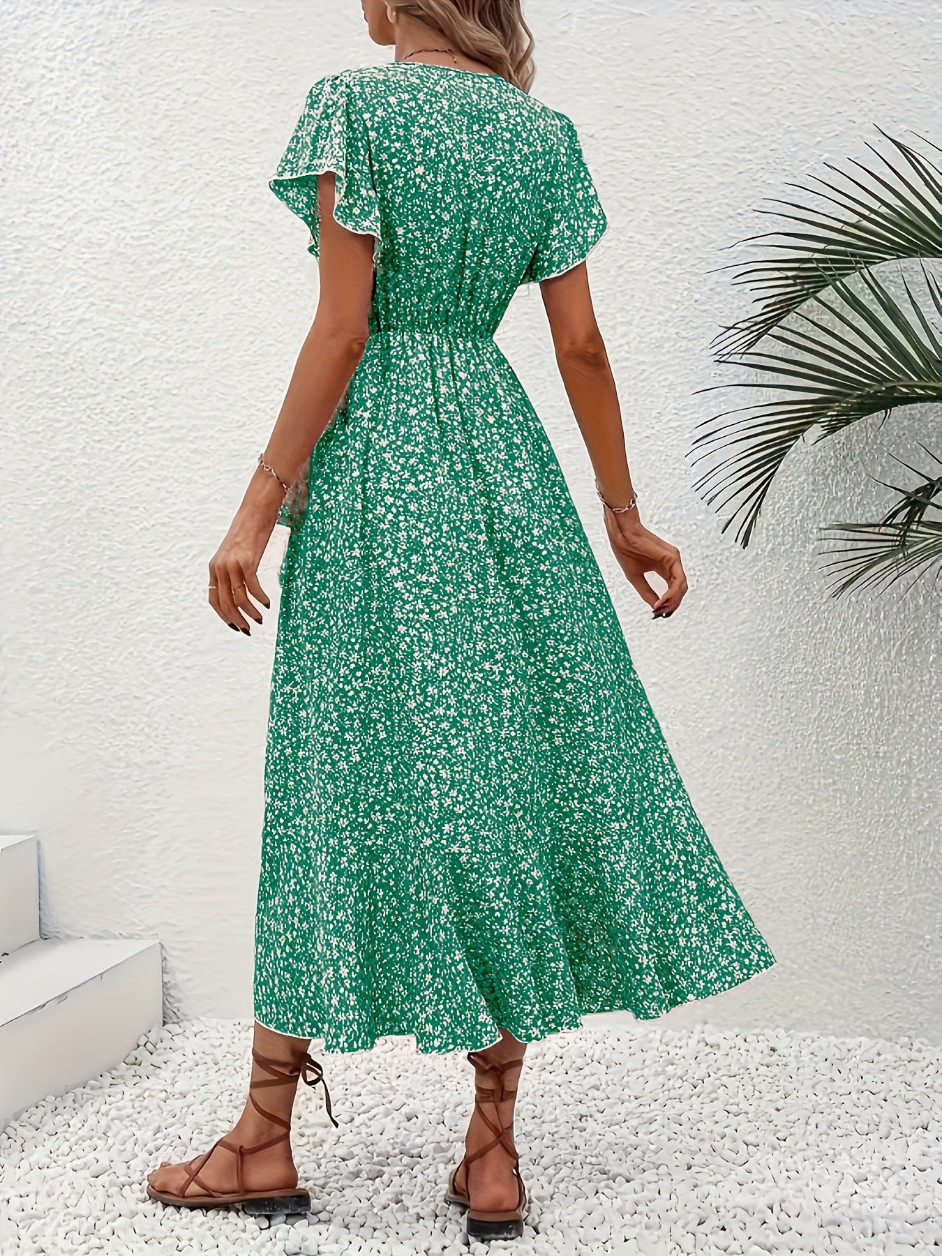Women's Floral Print Surplice Dress with Flutter Sleeves and Ruffle Hem