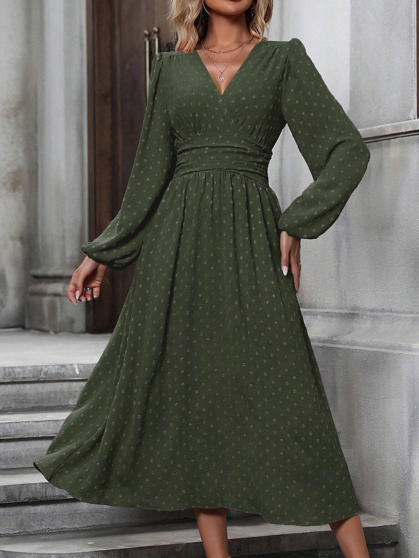 Floral Balloon Sleeve Spring/Fall Dress V Neck Long Sleeve A-Line Dress