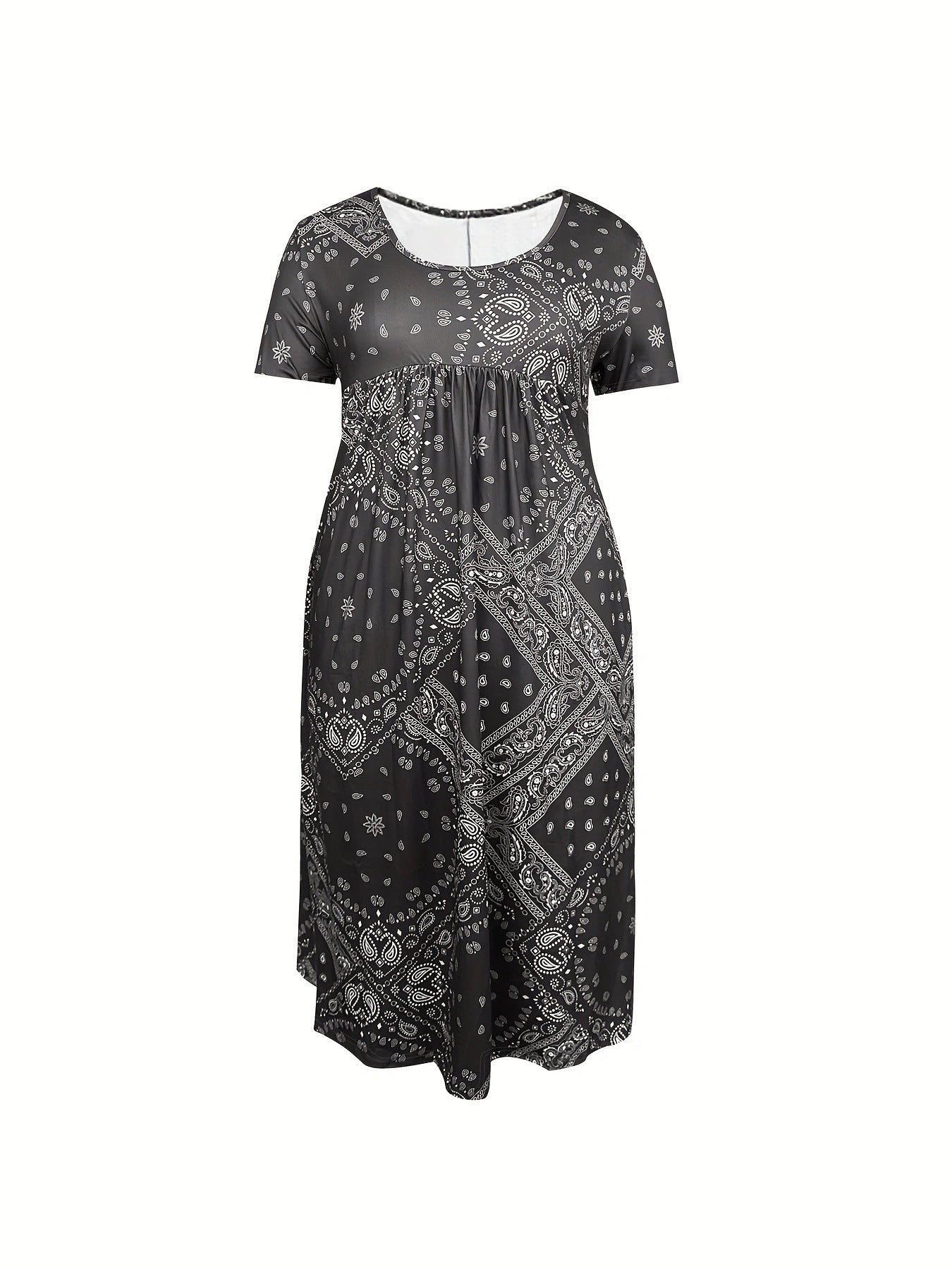 Print A-Line Short Sleeve Round Neck Dress with Pockets