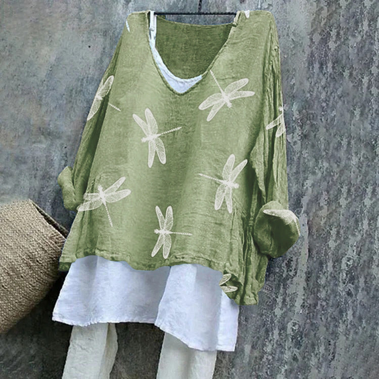 Vintage Animal V Neck Long Sleeve T-shirt