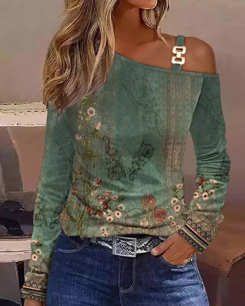 Cutout Lace Stitching Cold Shoulder T-Shirt, Casual Long Sleeve Top