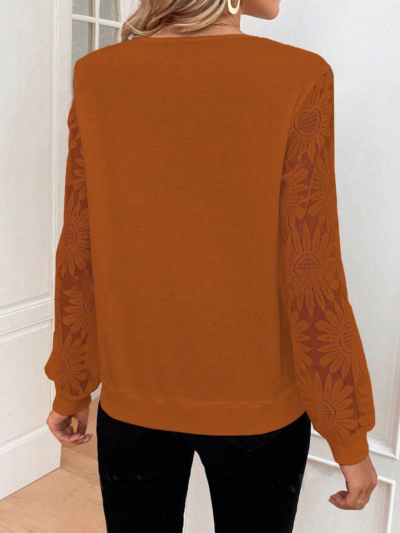 V Neck Long Length Top - Elegant Splicing Loose Fit, Contrast Lace Detail, Long Sleeve