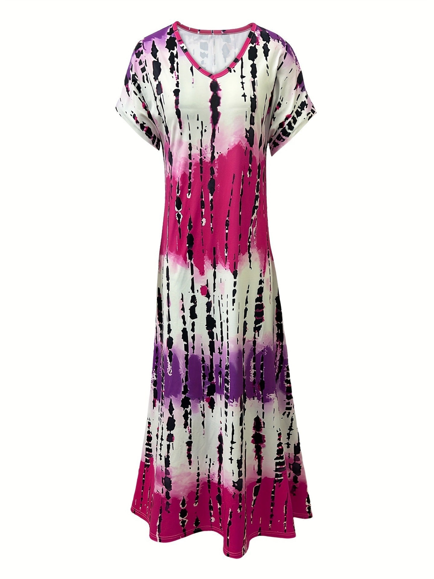 Tie Dye V-neck Dress, Elegant Split Short Sleeve Dress