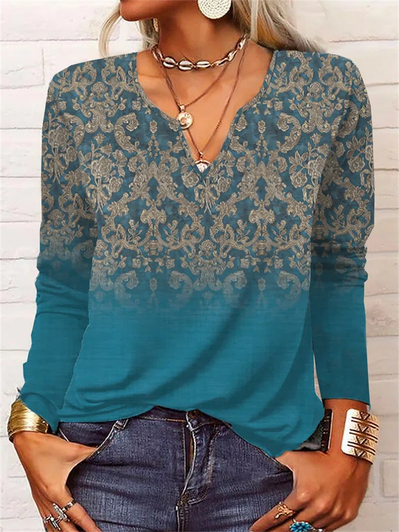 Striped Notched Neck T-Shirt, Casual Short Sleeve T-Shirt