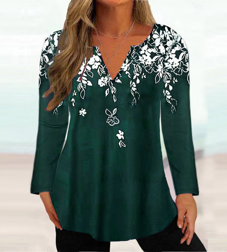 Women's Random Floral Print Long Sleeve Open Front V Neck Slight Stretch Tee