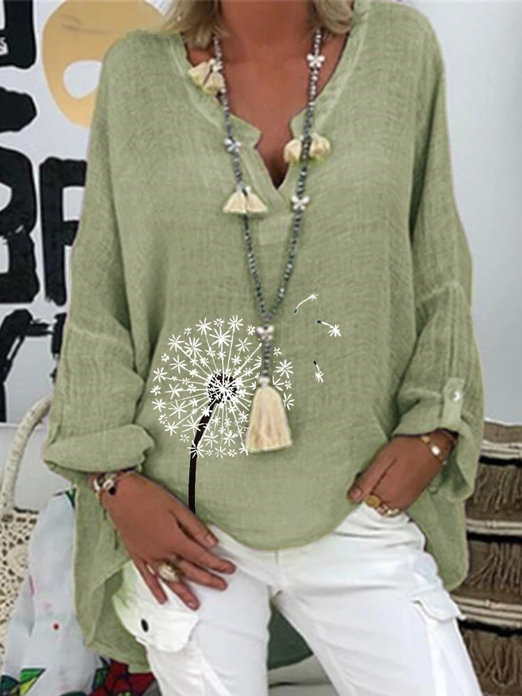 Long Sleeve Floral Print Loose V-Neck Shirt