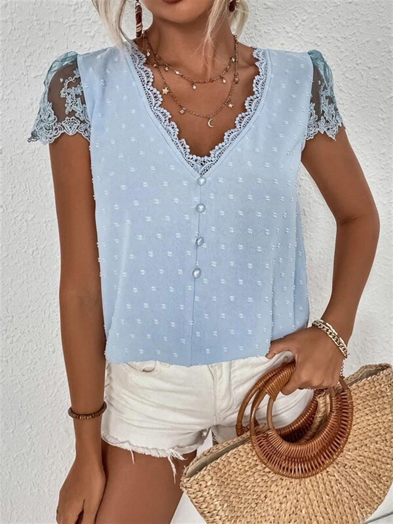 Lace V-neck Loose Blouses, Casual Button Down Lace Sleeve Fashion Shirts Tops
