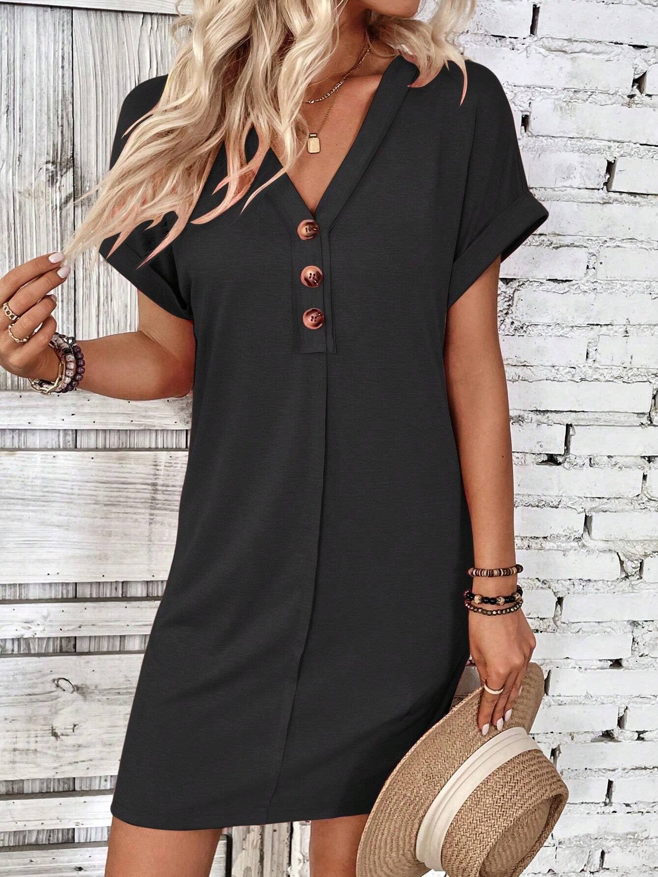 Solid Color V-Neck Batwing Sleeve Midi Dress
