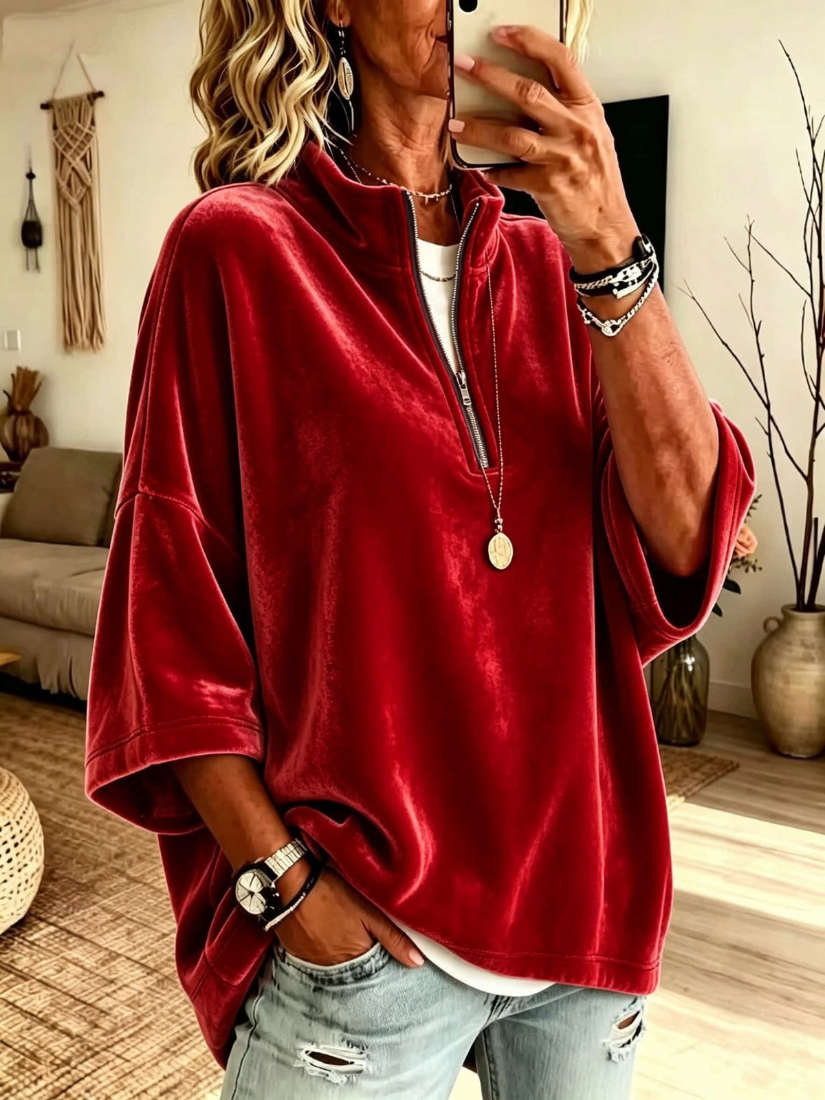 Half-Zip Velvet Top with Three-Quarter Batwing Sleeves