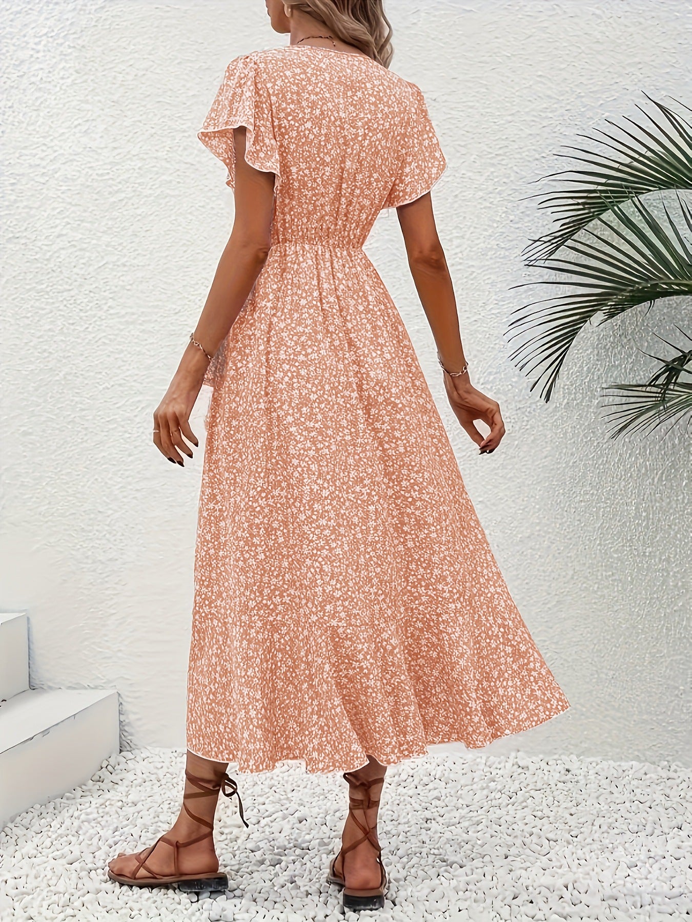 Women's Floral Print Surplice Dress with Flutter Sleeves and Ruffle Hem