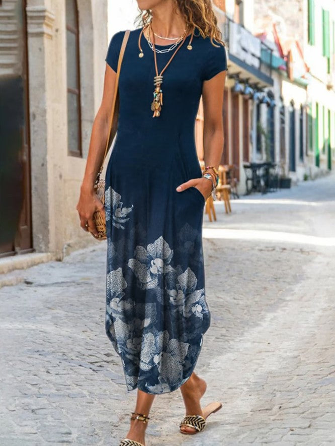 Floral Print Pockets Short Sleeve Maxi Dress