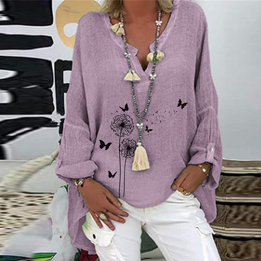 Long Sleeve Floral Print Loose V-Neck Shirt