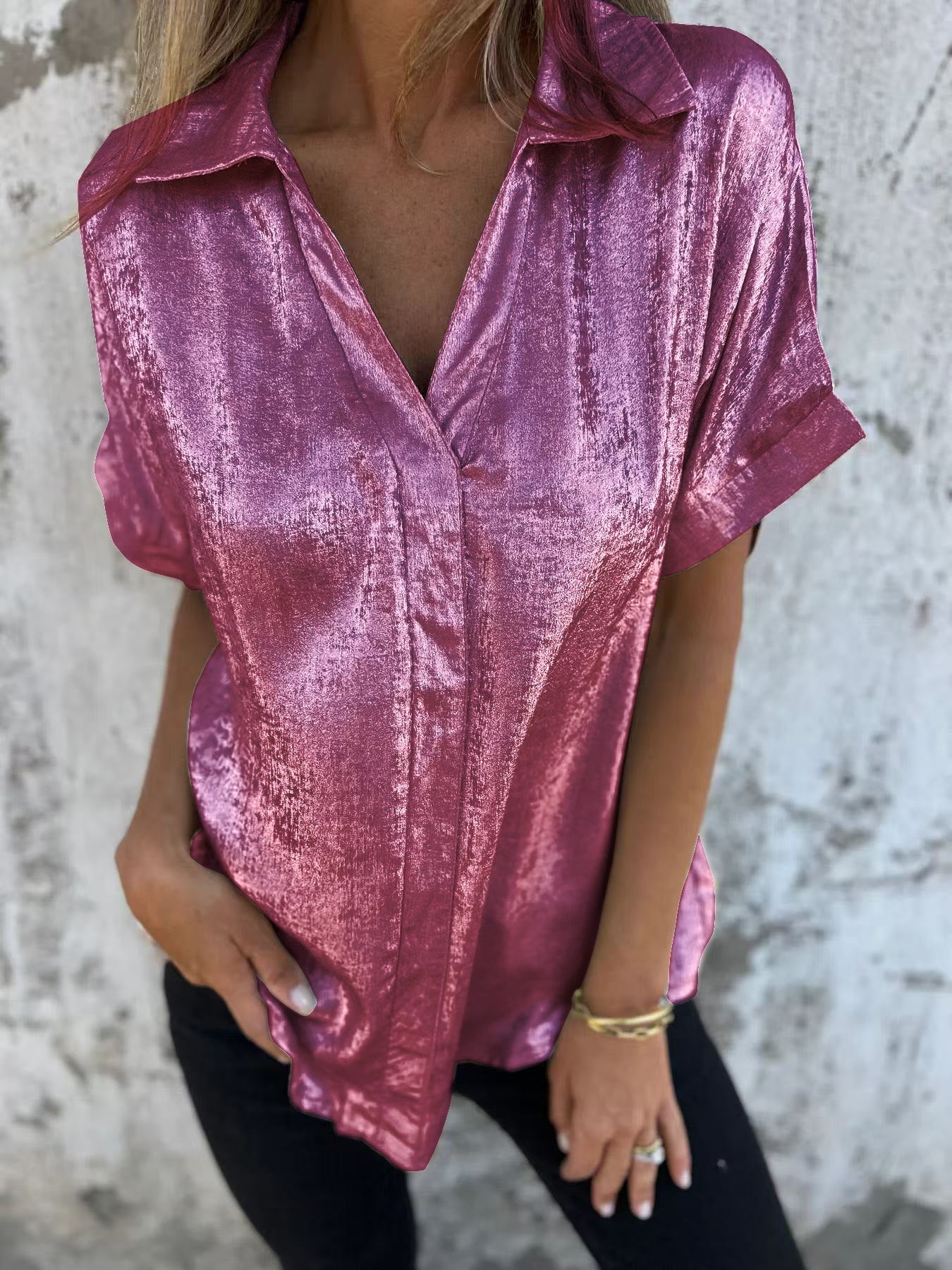 Loose Foiled Short Sleeve Lapel Shirt