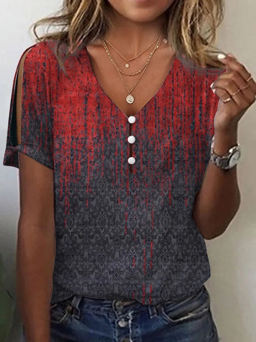 Fashion Women Print Vintage Hole Loose Casual Short Sleeve Tops