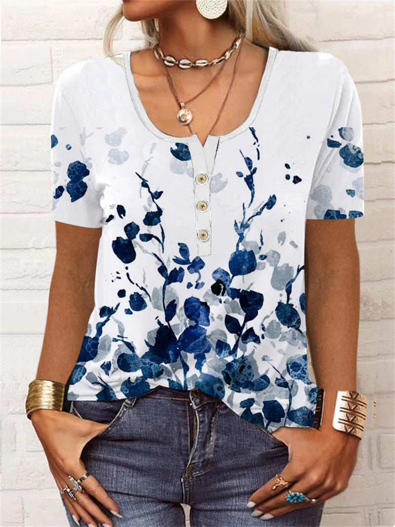 Printed Short Sleeve Pullover Casual Button T-Shirt