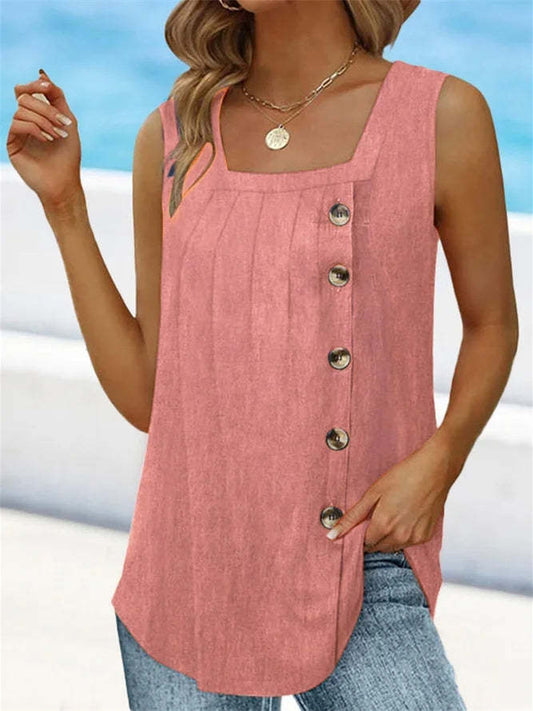 Solid Color Shrinkage Design Button Decor Square Collar Sleeveless Loose Pullovers Top