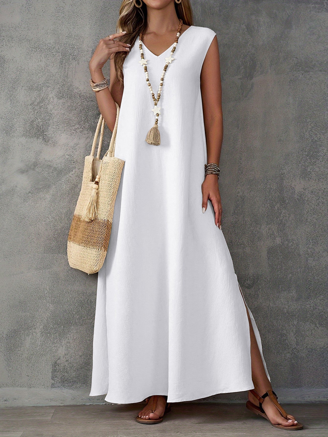 Textured Fabric Sleeveless V-Neck Slit Maxi Dress