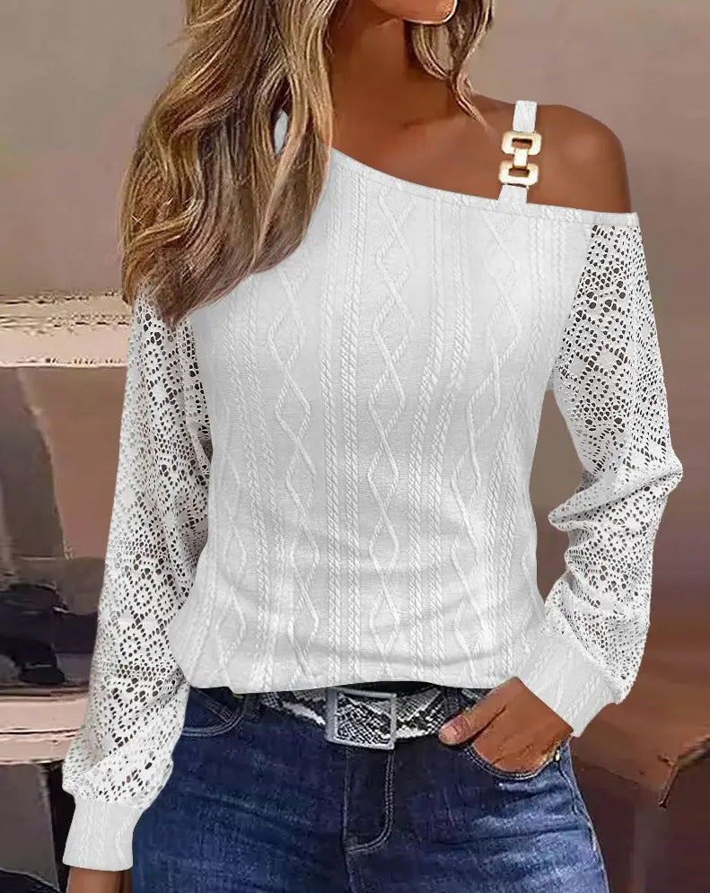 Cutout Lace Stitching Cold Shoulder T-Shirt, Casual Long Sleeve Top
