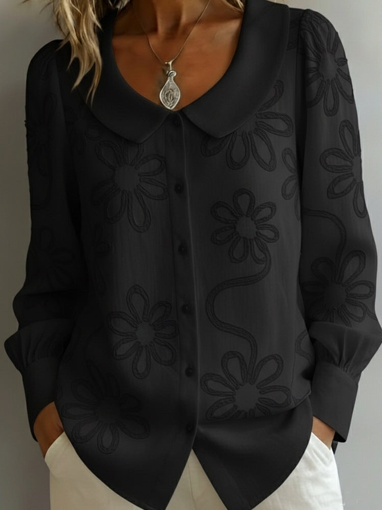 Embroidery Floral Long Sleeve Crew Neck Button Loose Going Out Casual Top