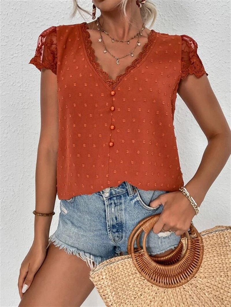 Lace V-neck Loose Blouses, Casual Button Down Lace Sleeve Fashion Shirts Tops