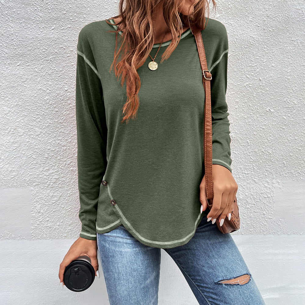 Plain Button Long Sleeve Daily Weekend Basic Round Neck T-Shirt