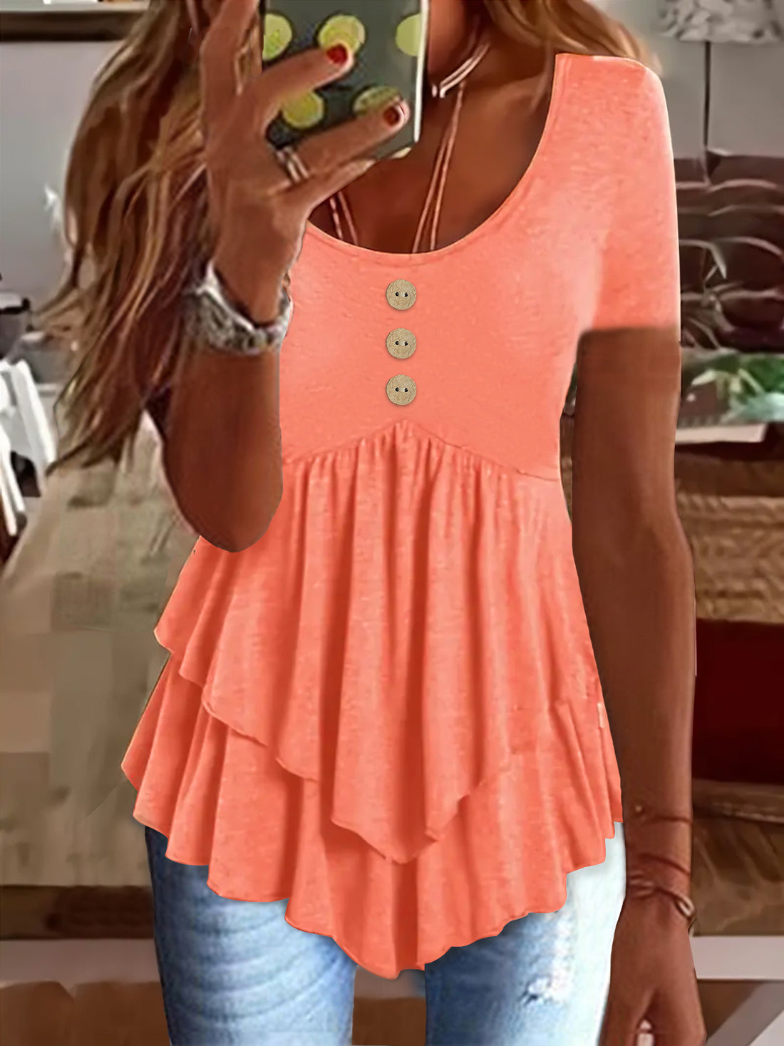 Solid Color Crew Neck T-Shirt, Casual Short Sleeve Button Front Flare Tiered Top