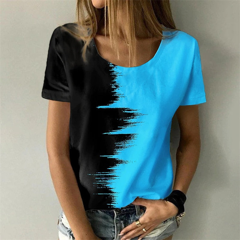Abstract Color Block 3D Printing O-neck Short Sleeve Pullover T-Shirts