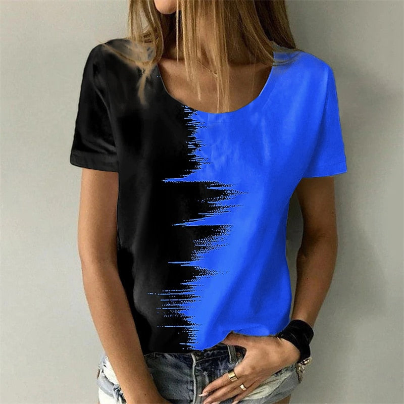 Abstract Color Block 3D Printing O-neck Short Sleeve Pullover T-Shirts