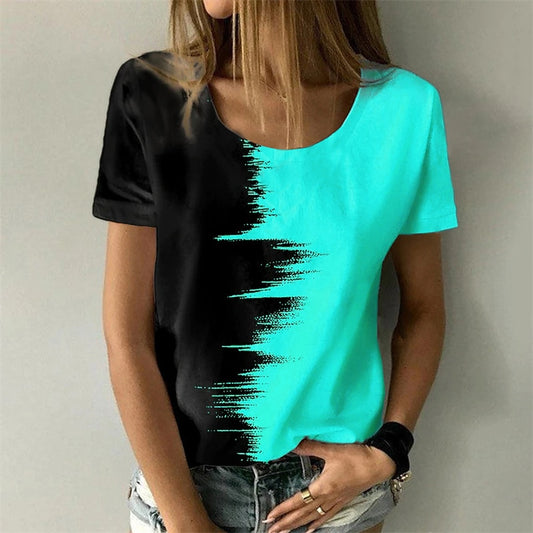 Abstract Color Block 3D Printing O-neck Short Sleeve Pullover T-Shirts