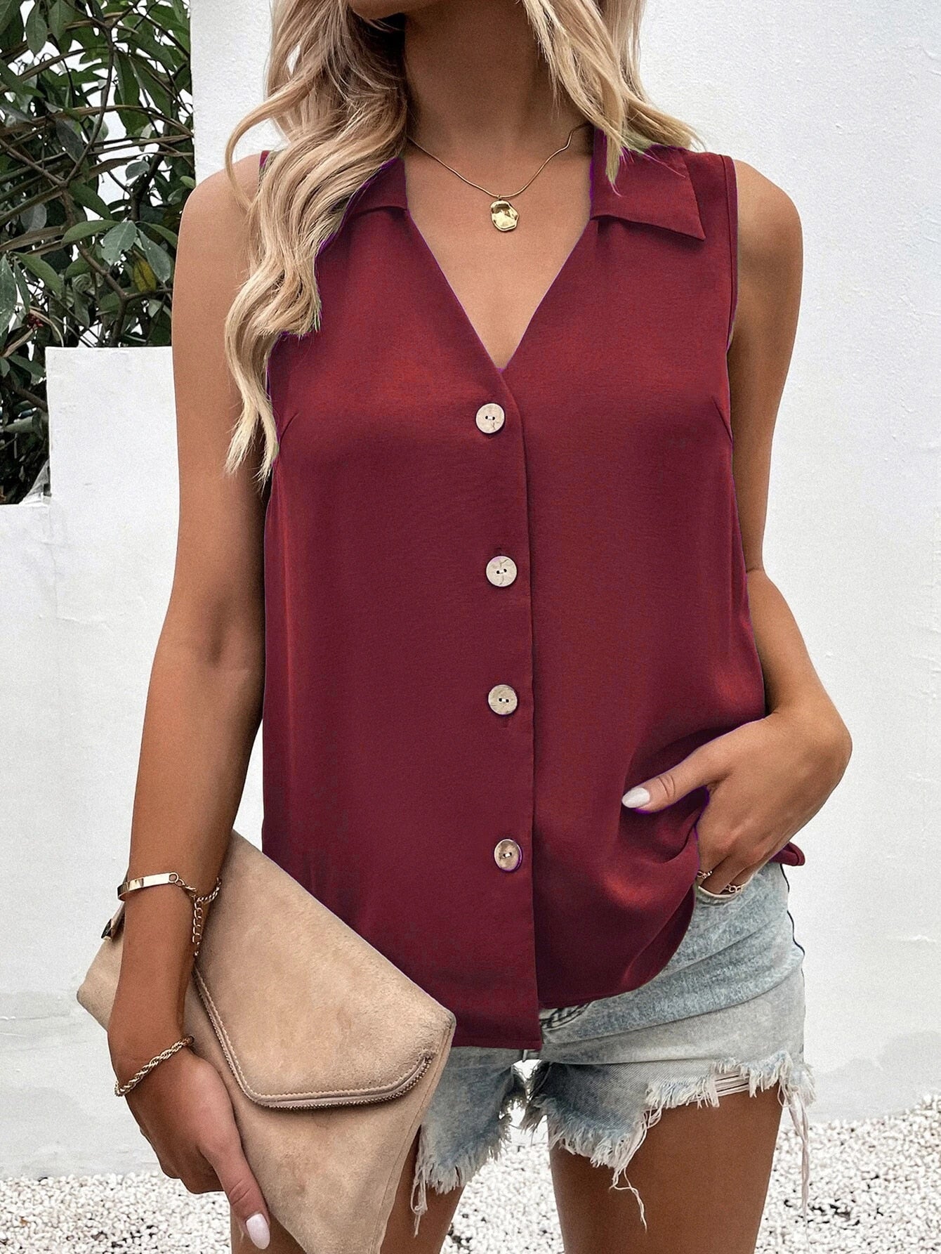 Solid Color V-Neck Sleeveless Button Tank Tops
