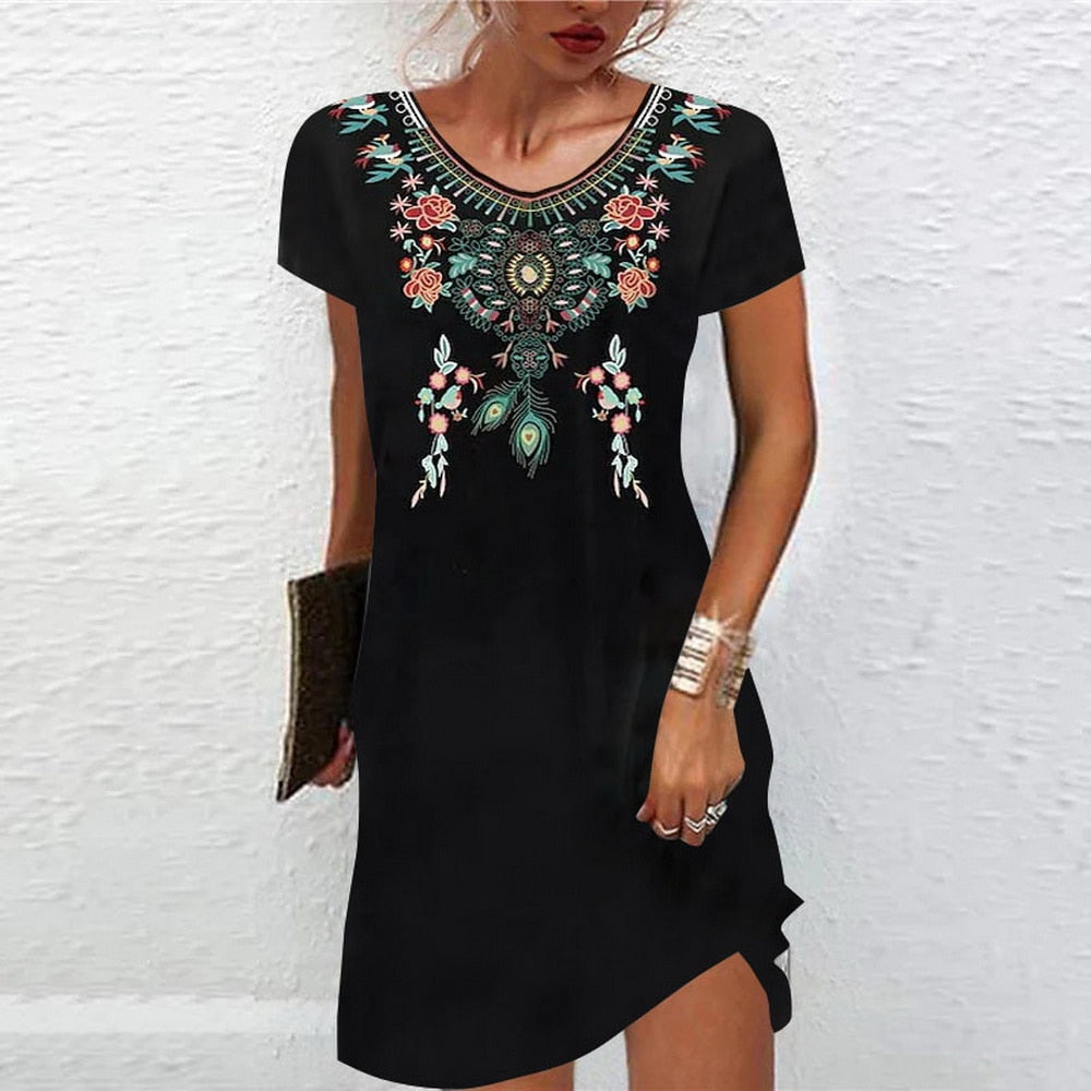 Short Sleeve A-Line Crew Neck Mini Dress