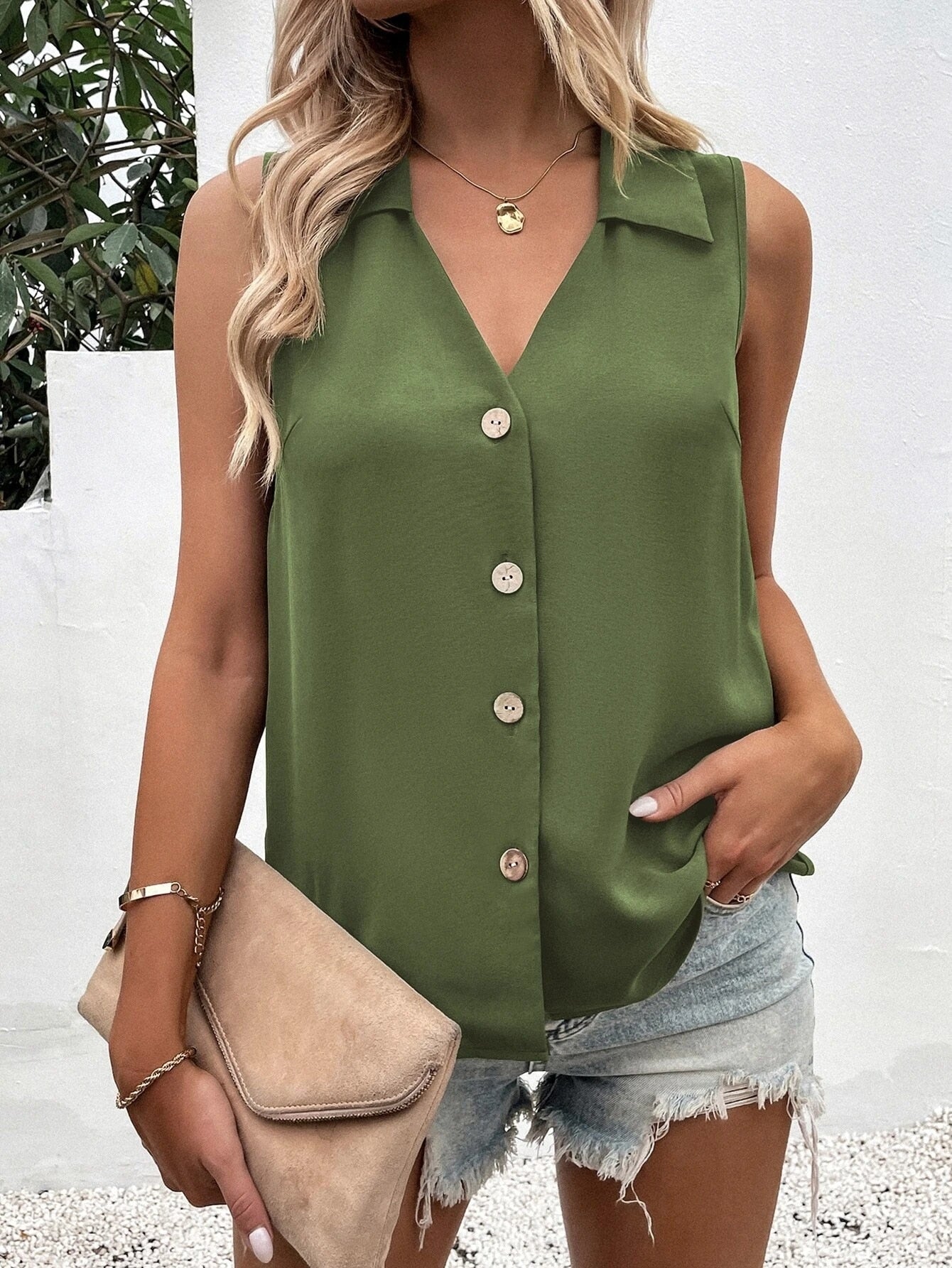Solid Color V-Neck Sleeveless Button Tank Tops
