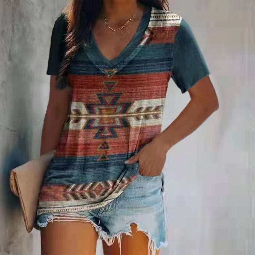 Print V-neck Short Sleeve Plaid Pullover T-Shirt