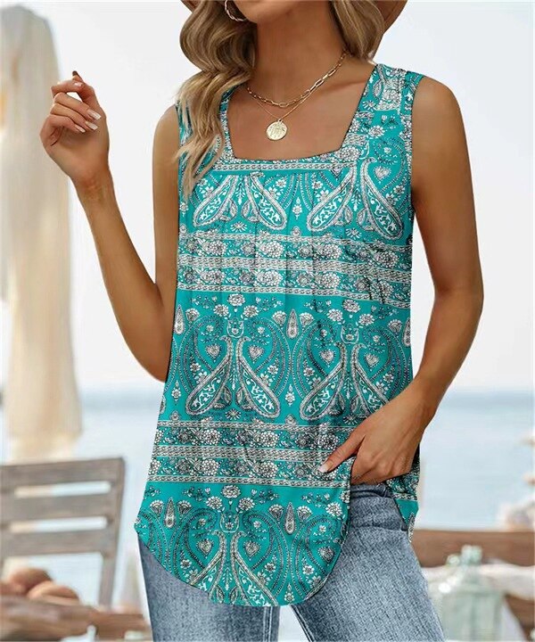 Square Neck Vest Print Sleeveless Loose Vest