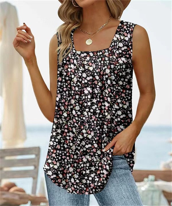 Square Neck Vest Print Sleeveless Loose Vest