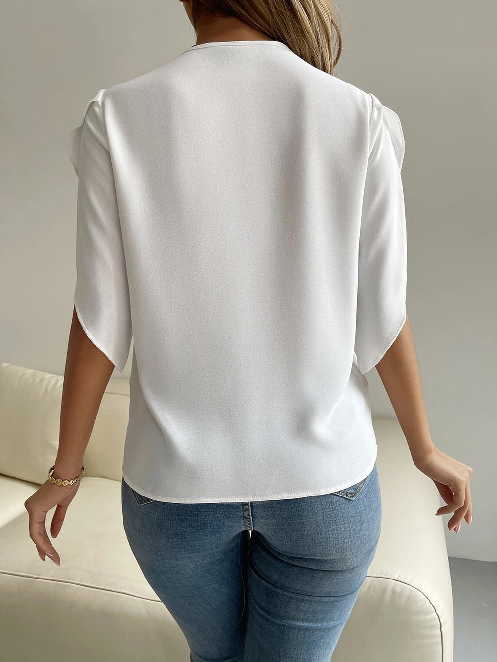 Batwing Sleeve Lace Patchwork Elegant Solid V-neck Shirt