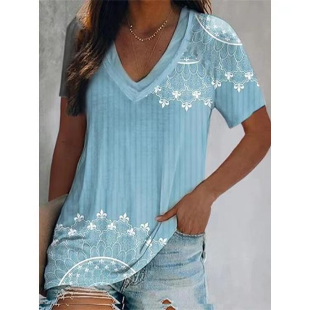 Print V-neck Short Sleeve Plaid Pullover T-Shirt