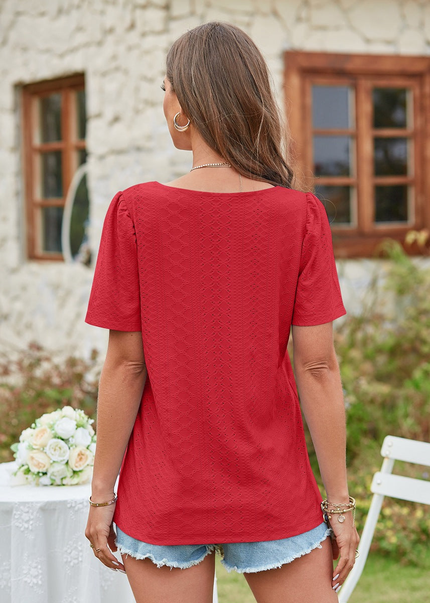 Hollow Out Solid Square Neck Short Sleeved T-shirt