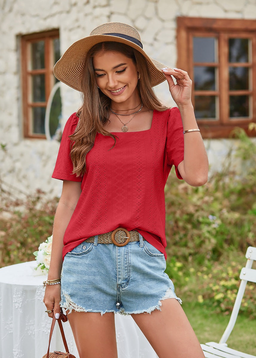 Hollow Out Solid Square Neck Short Sleeved T-shirt