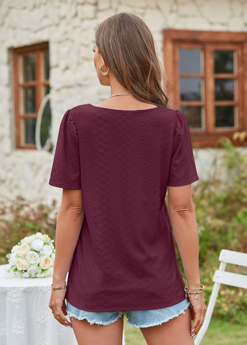 Hollow Out Solid Square Neck Short Sleeved T-shirt