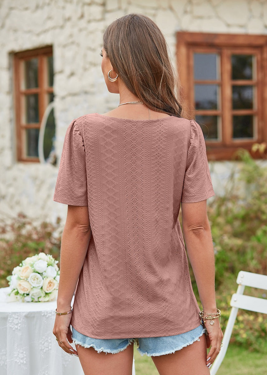 Hollow Out Solid Square Neck Short Sleeved T-shirt