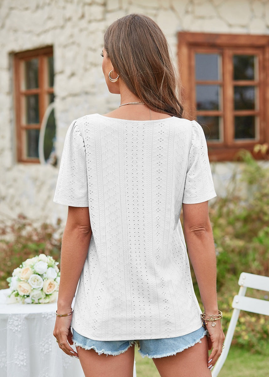 Hollow Out Solid Square Neck Short Sleeved T-shirt