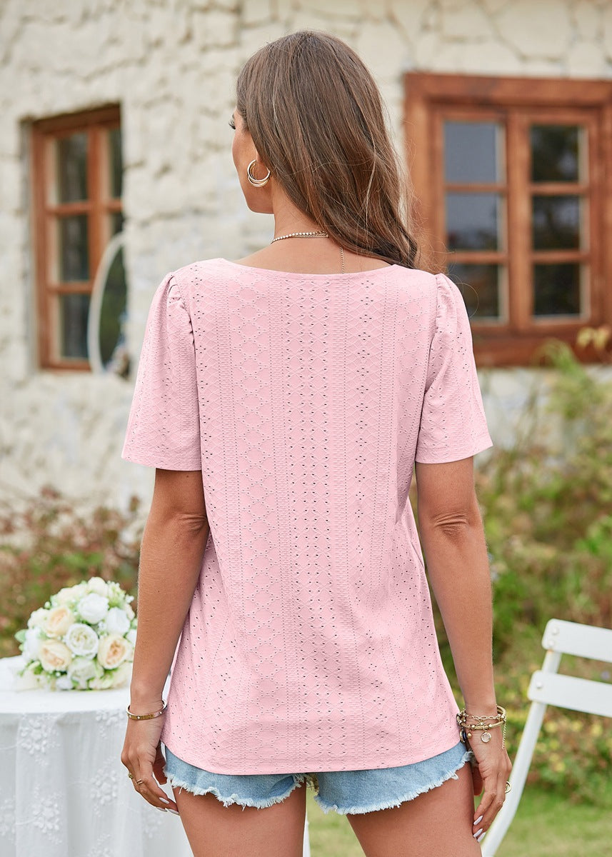 Hollow Out Solid Square Neck Short Sleeved T-shirt