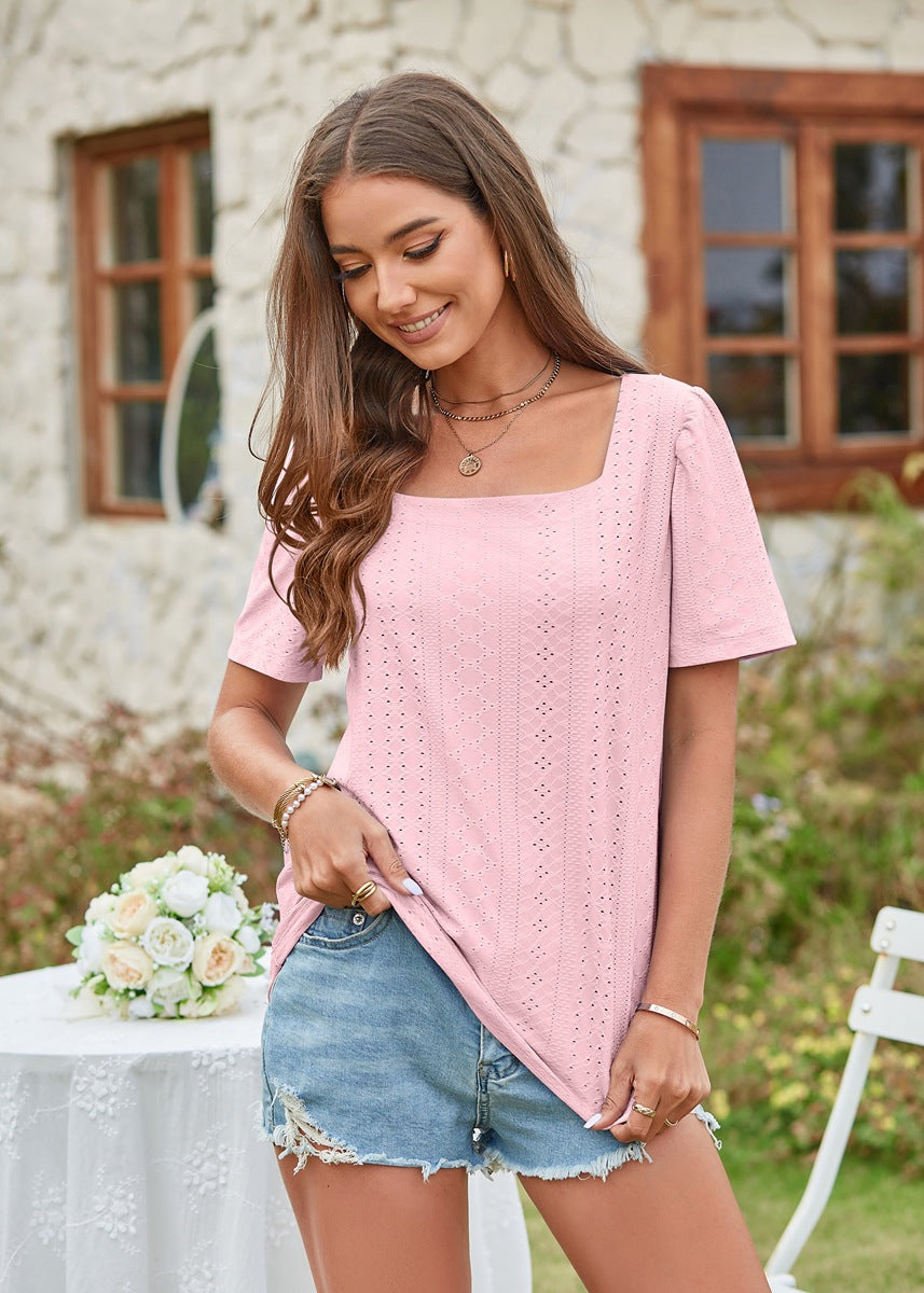 Hollow Out Solid Square Neck Short Sleeved T-shirt