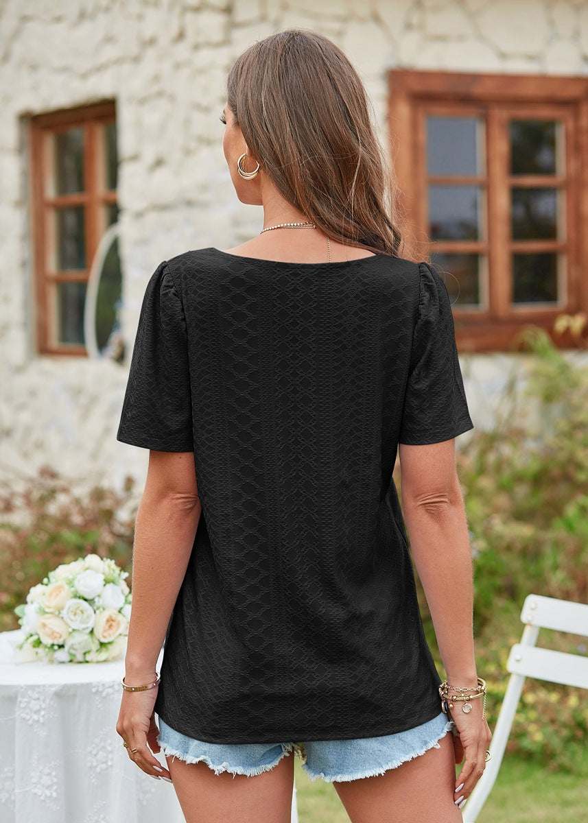 Hollow Out Solid Square Neck Short Sleeved T-shirt