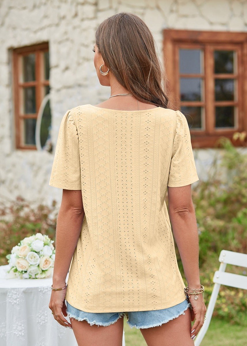 Hollow Out Solid Square Neck Short Sleeved T-shirt