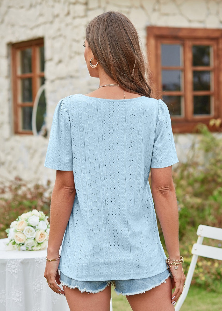 Hollow Out Solid Square Neck Short Sleeved T-shirt