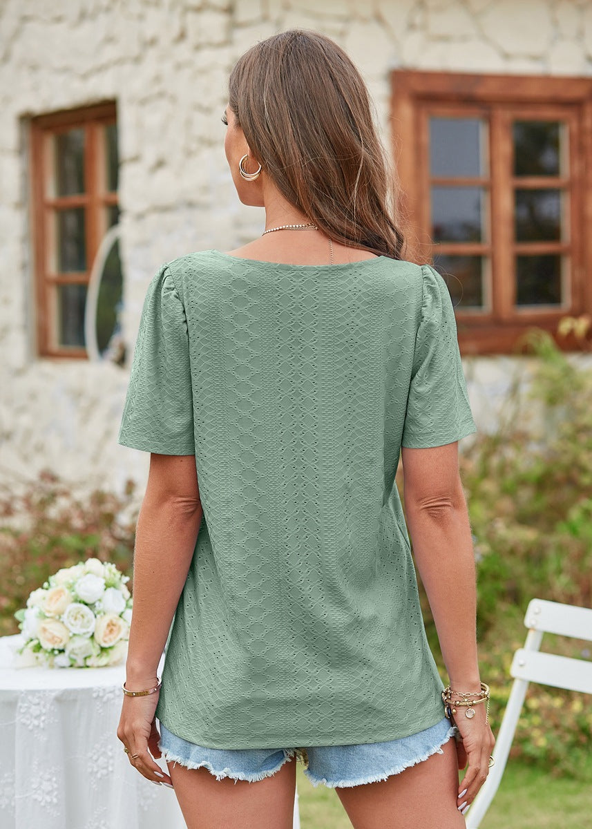 Hollow Out Solid Square Neck Short Sleeved T-shirt